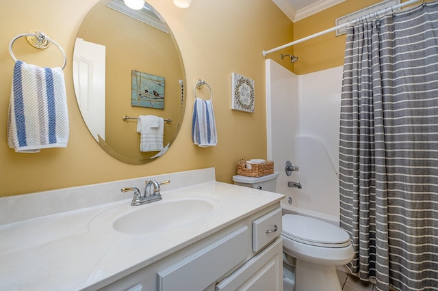 bathroom with vanity, ornamental molding, tile patterned flooring, toilet, and shower / tub combo with curtain