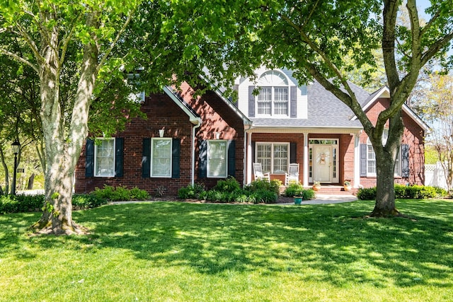 view of front of home with a front lawn and brick siding