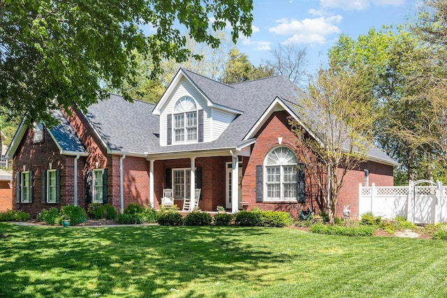 view of front of house with covered porch, a front yard, fence, brick siding, and a shingled roof