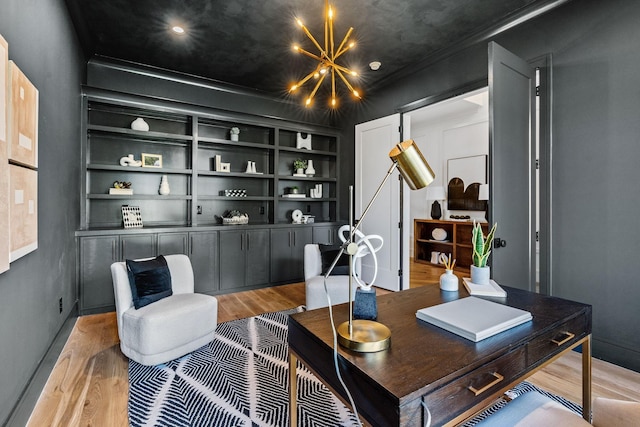 917 Kirkwood Ave, Nashville, TN 37204 - office with crown molding, light wood-style flooring, baseboards, and built in shelves