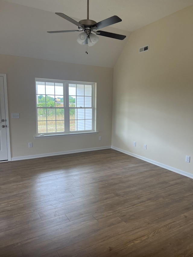 3330 Curie Cir, Christiana, TN 37037 - empty room featuring ceiling fan, vaulted ceiling, and dark wood-type flooring