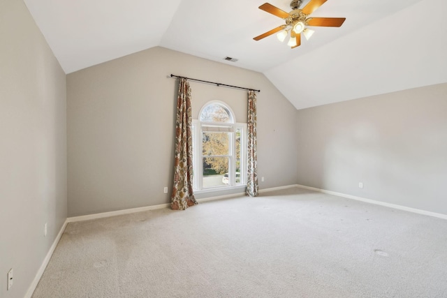 bonus room featuring a ceiling fan, vaulted ceiling, visible vents, carpet floors, and baseboards