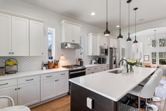 kitchen featuring white cabinets, under cabinet range hood, a kitchen island with sink, appliances with stainless steel finishes, and a sink