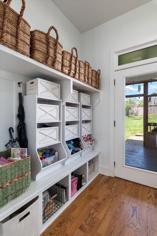 mudroom with wood finished floors