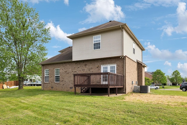 213 Nashua Ct, Murfreesboro, TN 37128 - back of house with stairs, central AC, a wooden deck, a lawn, and brick siding