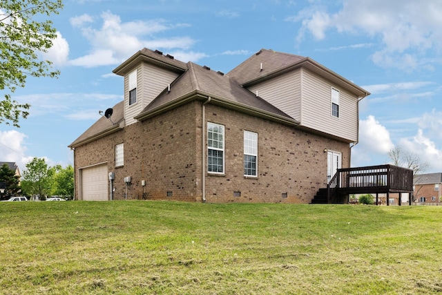 213 Nashua Ct, Murfreesboro, TN 37128 - view of side of property with a yard, an attached garage, a wooden deck, crawl space, and brick siding