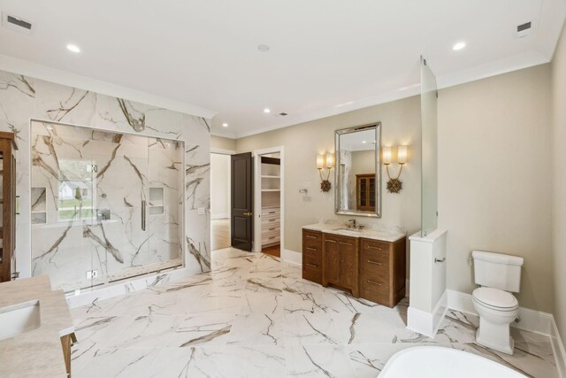 521 Mansion Dr, Brentwood, TN 37027 - bathroom with vanity, visible vents, recessed lighting, marble finish floor, and a marble finish shower
