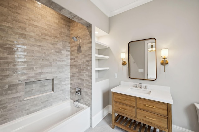 521 Mansion Dr, Brentwood, TN 37027 - bathroom with a fireplace, vanity, shower / tub combination, ornamental molding, and baseboards