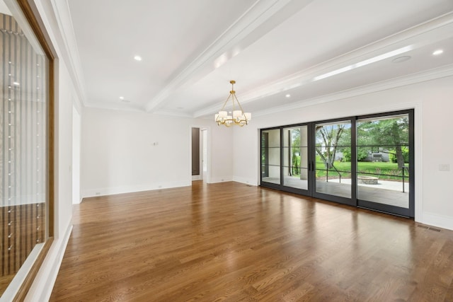 521 Mansion Dr, Brentwood, TN 37027 - unfurnished room with a notable chandelier, baseboards, ornamental molding, beamed ceiling, and wood finished floors