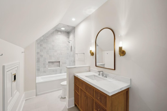 521 Mansion Dr, Brentwood, TN 37027 - full bathroom with bathtub / shower combination, vanity, vaulted ceiling, toilet, and baseboards