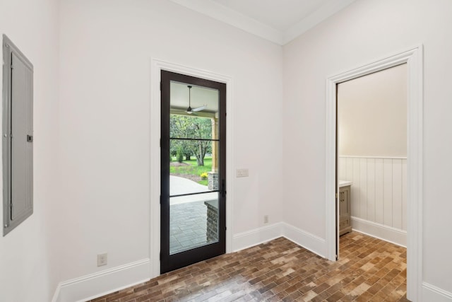 521 Mansion Dr, Brentwood, TN 37027 - doorway to outside featuring brick floor, baseboards, and electric panel