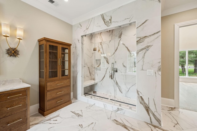 521 Mansion Dr, Brentwood, TN 37027 - bathroom featuring vanity, crown molding, a marble finish shower, visible vents, and marble finish floor