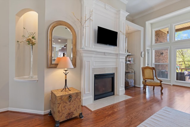 living area featuring a premium fireplace, crown molding, wood finished floors, and baseboards