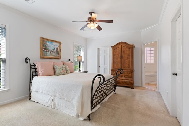 bedroom featuring light carpet, multiple windows, and crown molding