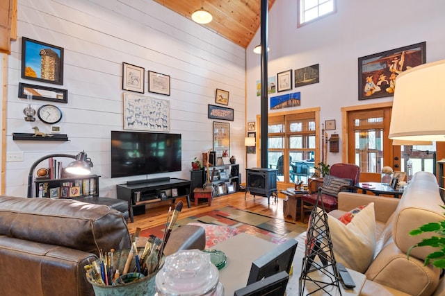 1720 Bratton Ln, Williamsport, TN 38487 - living area with a wood stove, high vaulted ceiling, wood finished floors, and a healthy amount of sunlight