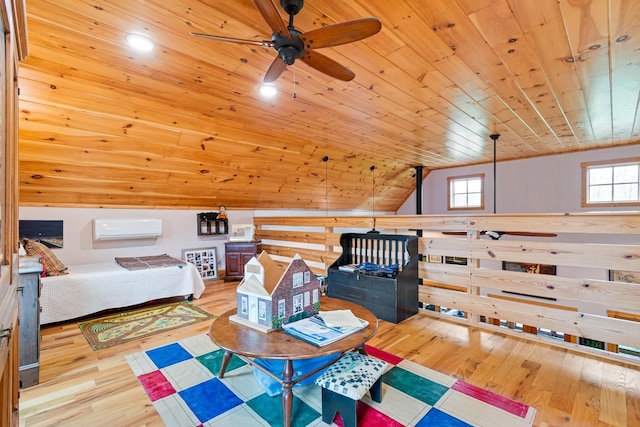 1720 Bratton Ln, Williamsport, TN 38487 - bedroom with a wall mounted AC, lofted ceiling, wooden ceiling, and wood finished floors