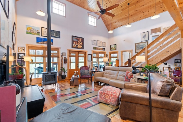 1720 Bratton Ln, Williamsport, TN 38487 - living room featuring wooden ceiling, a wood stove, ceiling fan, a towering ceiling, and wood finished floors