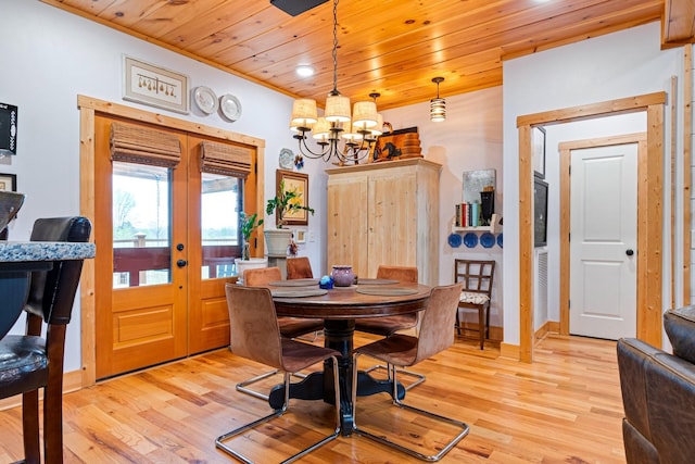 1720 Bratton Ln, Williamsport, TN 38487 - dining room featuring a notable chandelier, light wood-type flooring, french doors, and wood ceiling