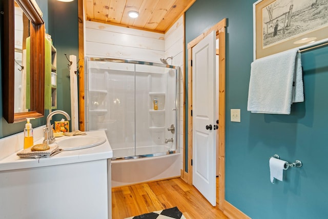 1720 Bratton Ln, Williamsport, TN 38487 - full bathroom with vanity, wooden ceiling, enclosed tub / shower combo, and wood finished floors