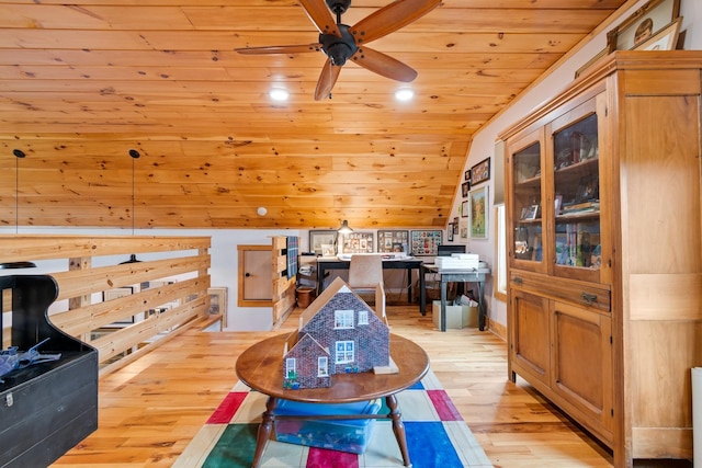 1720 Bratton Ln, Williamsport, TN 38487 - office area with vaulted ceiling, light wood-style flooring, wood ceiling, and a ceiling fan