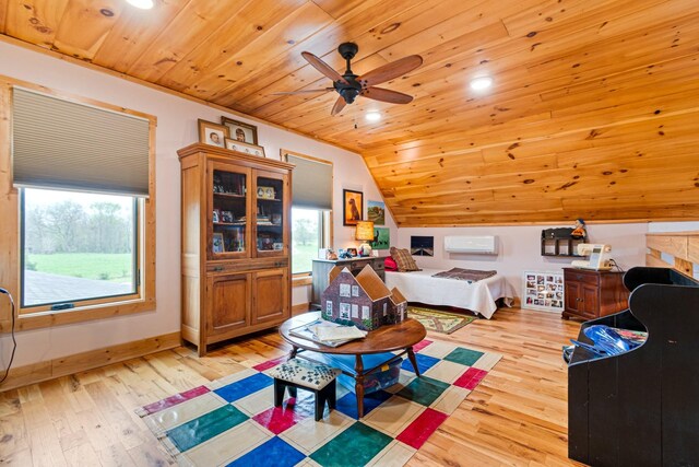 1720 Bratton Ln, Williamsport, TN 38487 - bedroom with a wall mounted air conditioner, light wood finished floors, wood ceiling, and lofted ceiling