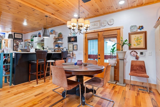 1720 Bratton Ln, Williamsport, TN 38487 - dining area featuring baseboards, light wood-type flooring, an inviting chandelier, and wood ceiling