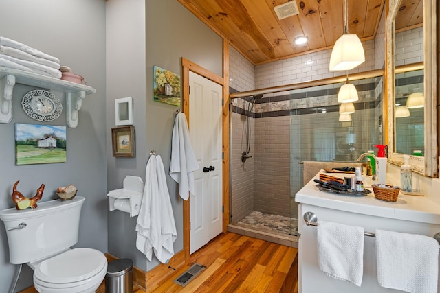 1720 Bratton Ln, Williamsport, TN 38487 - full bathroom with visible vents, wooden ceiling, toilet, a shower stall, and wood finished floors