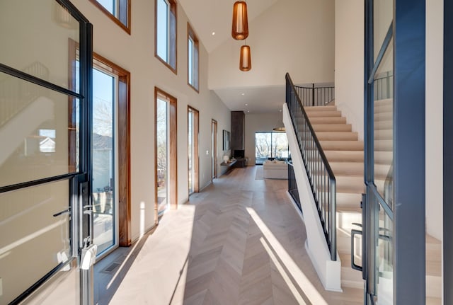 2108 12th Ave S, Nashville, TN 37204 - foyer entrance featuring recessed lighting, stairs, and a towering ceiling