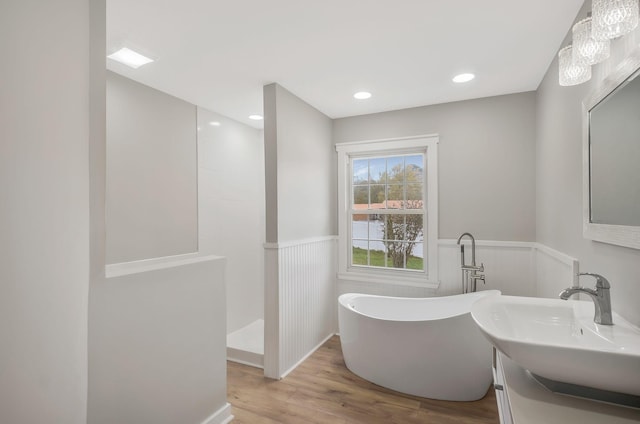 full bathroom featuring wood finished floors, wainscoting, vanity, walk in shower, and a freestanding bath