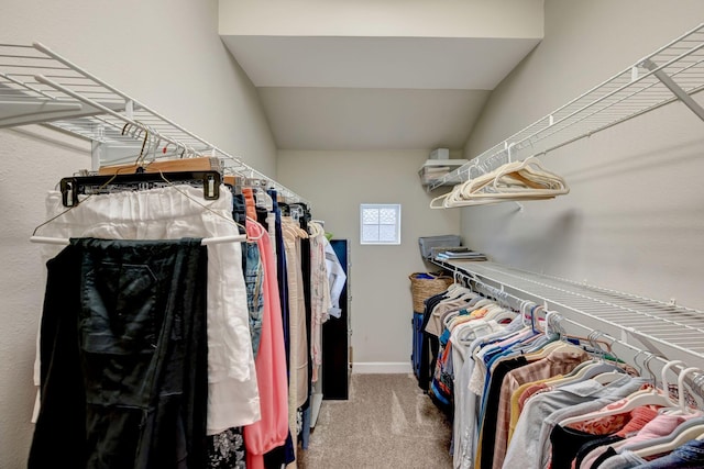 spacious closet featuring vaulted ceiling and carpet floors