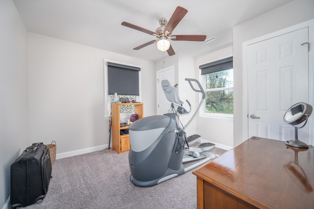 workout room featuring visible vents, baseboards, a ceiling fan, and carpet floors