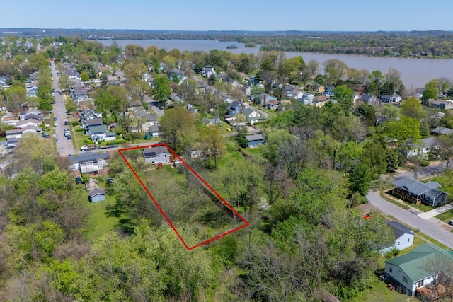 aerial view featuring a water view and a residential view