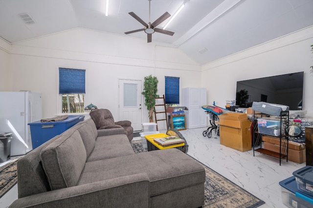 living room featuring visible vents, ceiling fan, marble finish floor, and vaulted ceiling