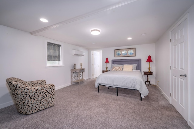 bedroom featuring carpet floors, baseboards, recessed lighting, and a wall unit AC