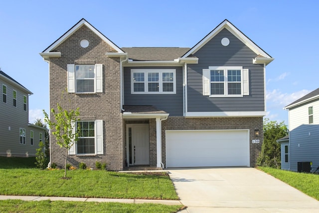 traditional-style house with brick siding, central AC, driveway, and an attached garage
