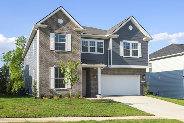 view of front facade with brick siding, a garage, central AC, and concrete driveway