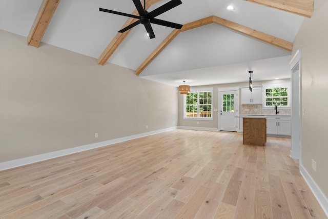 6149 Dewey Carr Rd, Bethpage, TN 37022 - unfurnished living room featuring ceiling fan, high vaulted ceiling, beam ceiling, light wood-style flooring, and recessed lighting
