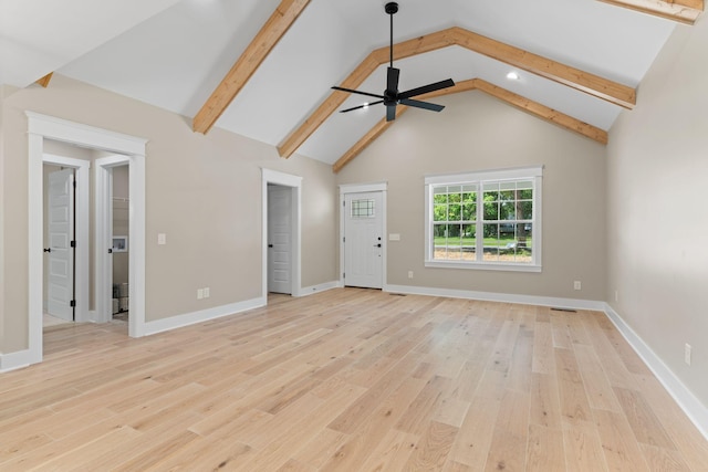 6149 Dewey Carr Rd, Bethpage, TN 37022 - unfurnished living room with a ceiling fan, light wood-style flooring, beamed ceiling, and high vaulted ceiling