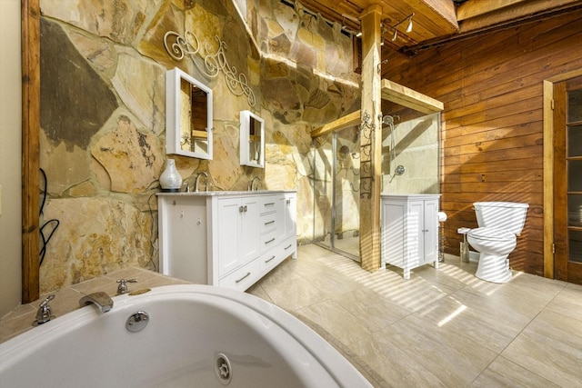 full bathroom with wood walls, vanity, a garden tub, and a stall shower