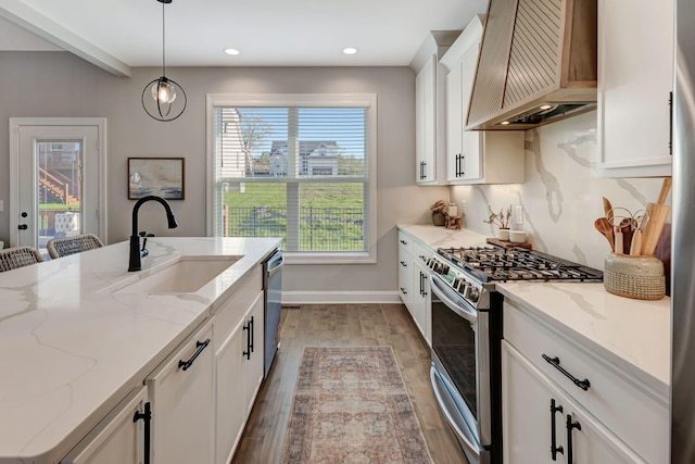309 Chimney Rdg, Nolensville, TN 37135 - kitchen featuring custom exhaust hood, white cabinetry, decorative backsplash, stainless steel appliances, and a sink