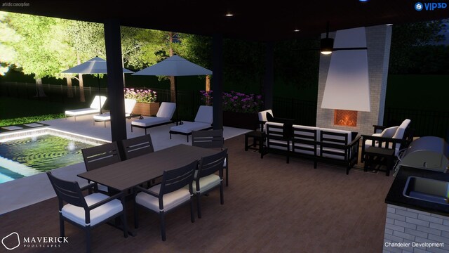 6004 Jocelyn Hollow Rd, Nashville, TN 37205 - view of patio featuring a fenced in pool, fence, an outdoor living space with a fireplace, and outdoor dining area