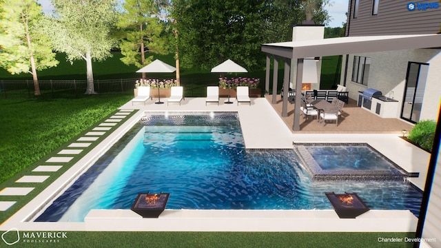 6004 Jocelyn Hollow Rd, Nashville, TN 37205 - view of pool with an outdoor kitchen, a yard, fence, an in ground hot tub, and a fenced in pool