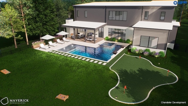 6004 Jocelyn Hollow Rd, Nashville, TN 37205 - rear view of property featuring a patio, a fenced in pool, an in ground hot tub, and a lawn