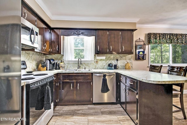 3115 Coon Hunter Lodge Rd, Jamestown, TN 38556 - kitchen with stainless steel appliances, a sink, a peninsula, light countertops, and ornamental molding