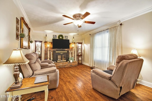 3115 Coon Hunter Lodge Rd, Jamestown, TN 38556 - living room with a fireplace, a ceiling fan, wood finished floors, ornamental molding, and baseboards