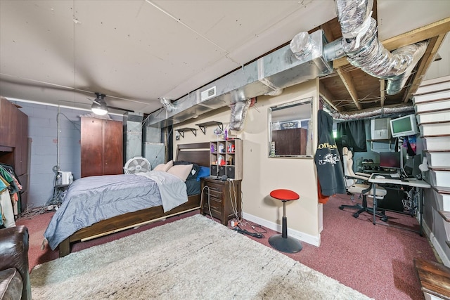 3115 Coon Hunter Lodge Rd, Jamestown, TN 38556 - bedroom with concrete block wall, carpet floors, and an office area
