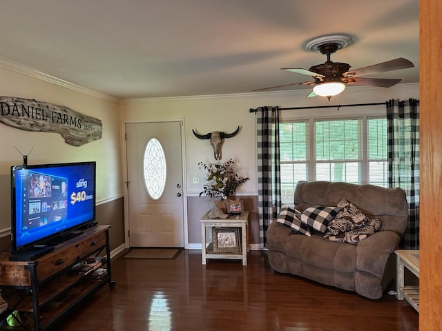 2901 Hurricane Creek Rd, Lawrenceburg, TN 38464 - living room featuring plenty of natural light, wood finished floors, ceiling fan, and crown molding