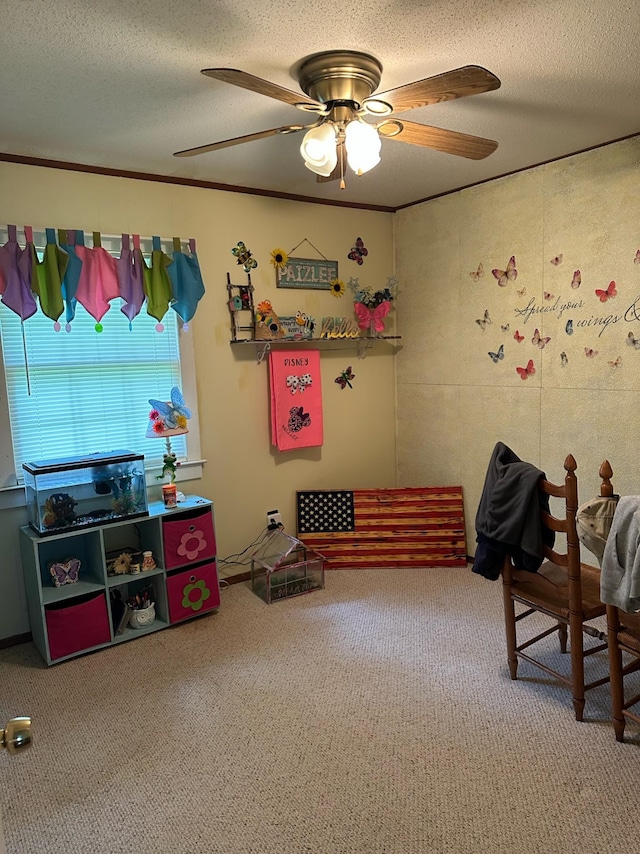 2901 Hurricane Creek Rd, Lawrenceburg, TN 38464 - playroom featuring carpet, a textured ceiling, and ceiling fan