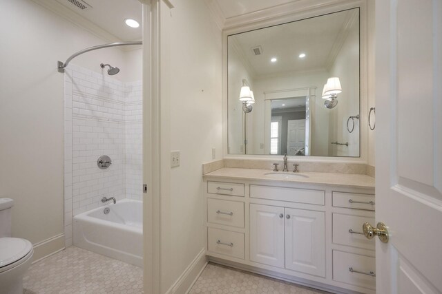 6021 Jocelyn Hollow Rd, Nashville, TN 37205 - bathroom featuring vanity, ornamental molding, toilet, tile patterned floors, and baseboards