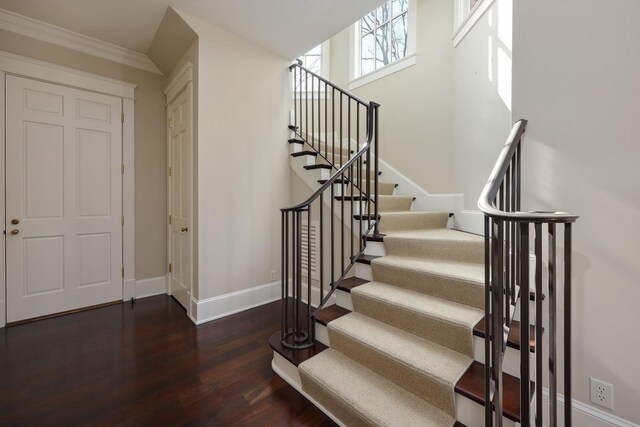 6021 Jocelyn Hollow Rd, Nashville, TN 37205 - staircase with baseboards, ornamental molding, and wood finished floors